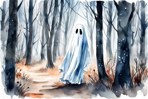 The artwork captures a mysterious and eerie scene set in a dense forest. The watercolor technique lends an ethereal quality to the painting, with a skillful interplay of translucent washes and intricate details.In the heart of the woods, a spectral figure, the spooky ghost, emerges from the mist, creating an otherworldly presence. Haunted Woods, Haunted Forest, Enchanted Forest, Enchanted, Halloween Decorations, Forest, Halloween, Wood, Instagram