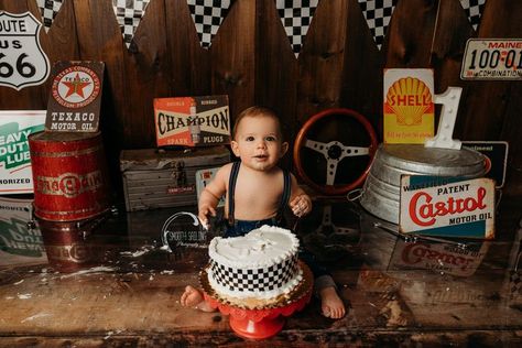 Car garage / Mechanic themed cake smash session - vintage car cake smash - South Shore MA Photographer - Smooth Sailing Photography First Birthday Mechanic Theme, Mechanic 1st Birthday, Mechanic First Birthday, Vintage Car First Birthday Boy, Baby Mechanic Photoshoot, Race Car Cake Smash, Race Car Smash Cake, Cars Smash Cake, Car Cake Smash