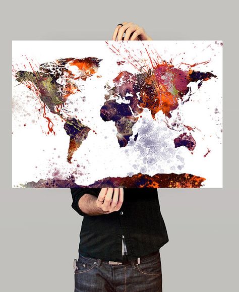 World Map Wall Art World Map Poster Large Map by FineArtCenter Kunstjournal Inspiration, Map Watercolor, Map Canvas Art, World Map Poster, World Map Canvas, Modern Map, World Map Wall Art, Map Decor, Modern Canvas Art