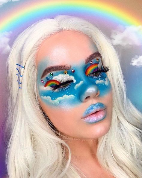 Rainbow faceart #rainbow #rainbowmakeup #rainbowfaceart #rainboweyelook Cloud Makeup, Fantasy Make-up, Make Up Designs, Face Art Makeup, Halloween Makeup Inspiration, Rainbow Makeup, Colorful Eye Makeup, Creative Eye Makeup, Crazy Makeup