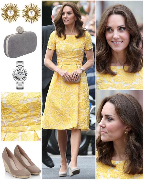 5,486 Likes, 34 Comments - Catherine Duchess Of Cambridge (@katemidleton) on Instagram: “Opting for another colour from the German flag, Kate wore a sunny yellow, brocade Jenny Packham…” Kate Fashion, Herzogin Von Cambridge, Jenny Packham Dresses, Looks Kate Middleton, Kate Middleton Outfits, Dresses Wedding Guest, Kate Middleton Photos, Nude Wedges, German Flag