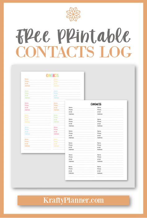 Free Contact List Printable, Emergency Phone Numbers Printable, Free Printable Contact List, Contact List Printable Free, Free Printable Food Log, Home Maintenance Log Free Printables, Printable Contact List, Printable Password Log, Happy Planner Free Printable