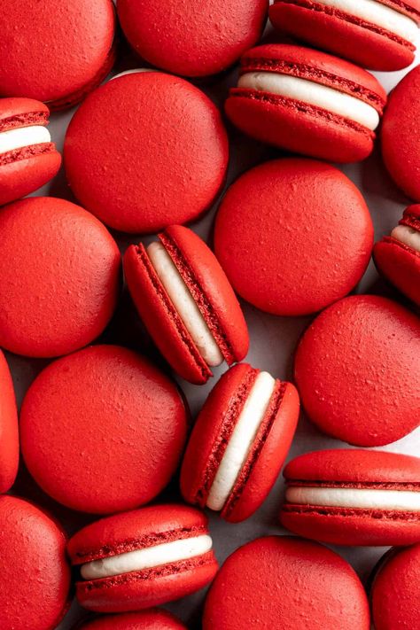 Red Velvet Macarons Recipe, Red Velvet Macaron Recipes, Red Macarons Aesthetic, Raspberry Macaron Filling, Red Bean Macaron, Yeast Biscuits, Red Velvet Macarons, Strawberry Avocado Salad, Mother's Day Brunch Menu