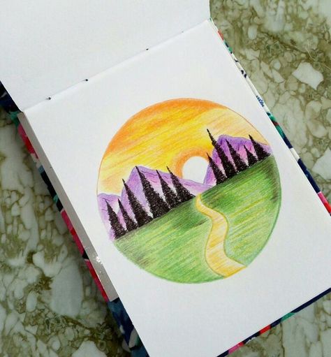 Color Pencil Art Landscape Easy, Colored Pencil Drawing Ideas Easy, Sunrise Drawing, Pencil Sketches Easy, Shading Drawing, Cactus Drawing, Color Pencil Sketch, Nature Art Drawings, Circle Drawing