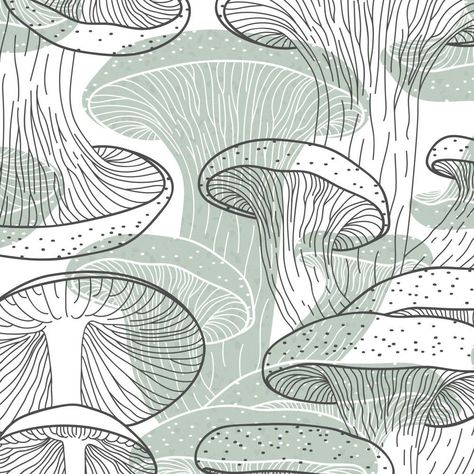 Mushroom Pattern Illustration, Mushroom Pattern Design, Mushroom Line Drawing, Mushroom Line Art, Mushroom Patterns, Mushroom Prints, Vintage Line Art, Mushrooms Pattern, Line Drawing Illustration