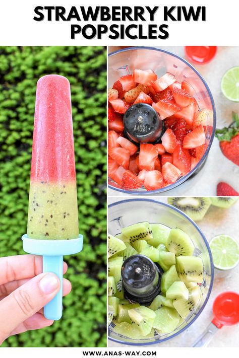 Strawberry Kiwi Popsicles, Kiwi Popsicles Recipe, Kiwi Desserts, Banana Popsicle Recipes, Kiwi Sorbet, Healthy Strawberry Recipes, Kiwi Dessert, Kiwi Popsicles, Popsicle Recipe For Kids