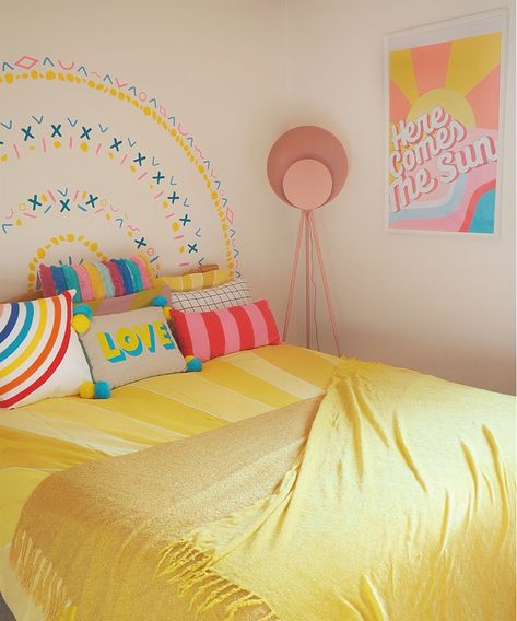 Yellow Girl Bedroom, Pink And Yellow Boho Bedroom, Yellow Comforter Bedroom Ideas, Girls Yellow Bedroom Ideas, Yellow Childrens Bedroom, Bright Yellow Bedroom, Purple And Yellow Bedroom, Yellow Kids Bedroom, Yellow Girls Bedroom