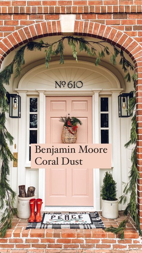 Blush Pink Door Exterior, Coral Pink Front Door, Coral Door Brick House, Brick Ranch Front Door, Blush Front Door Paint Colors, Coral Dust Benjamin Moore, Pink Door Brick House, Pink Door House, Red Brick Pink Door