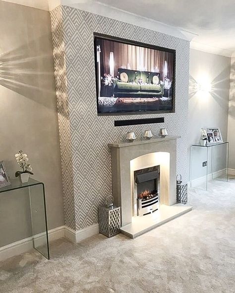 The Shard Glitter Wallpaper featured in @mrs_rackley.home 🤩 Use Cod Grey Livingroom Wallpaper, Alcove Wallpaper, Mink Wallpaper Living Room, Chimney Breast Wallpaper, Living Room Silver Wallpaper, Silver Glitter Wallpaper Living Room, Silver Wallpaper Living Room, Decorating Tv Wall Living Room, Livingroom Wallpaper