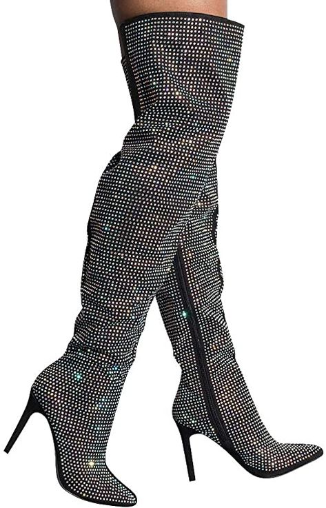 Amazon.com: AKIRA Women's All Over Diamond Rhinestone Stripe Front Slouchy Thigh High Stiletto Boots : Clothing, Shoes & Jewelry Diamond Boots, Diamond High Heels, Thigh High Stiletto Boots, Rhinestone Boots, Shop Boots Online, Thigh High Heels, High Heels Shoes, Stiletto Boots, High Heel Boots Ankle