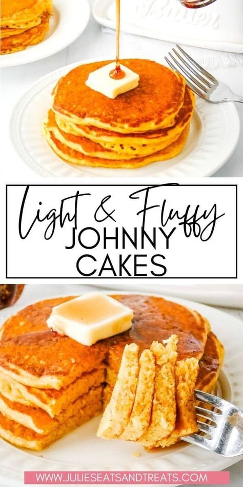 Light, fluffy homemade cornmeal pancakes that are called Johnny Cakes! A great way to mix up your pancakes. They are made with cornmeal and a touch of sugar. If you love cornbread you will love… More Homemade Cornmeal, Cornbread Pancakes, Johnny Cakes Recipe, Johnny Cakes, Cornmeal Recipes, Cornmeal Pancakes, Corn Pancakes, Crockpot Breakfast Casserole, Breakfast Recipies