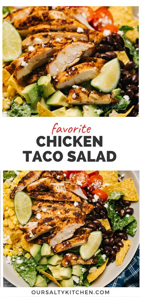 Chicken Taco Salad is an easy, flavorful dinner salad that packs big flavor into every bite. Top a crisp bed of greens with zesty seasoned chicken plus traditional taco favorites like tomato, avocado, cheese, black beans and corn. Use boneless skinless chicken thighs or breasts, baked or grilled. It's also perfect for meal prep, so Taco Tuesdays can last all week if you want it to! Grilled Chicken Salad Recipes Easy, Tex Mex Chicken Salad, Salads Chicken, Salad Calories, Tex Mex Salad, Braised Chicken Breast, Tex Mex Chicken, Chicken Taco Salad, Flavorful Dinner