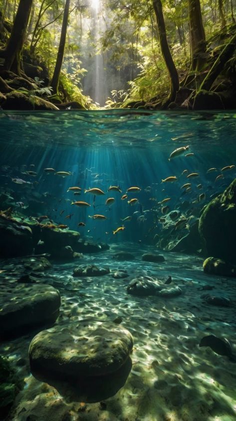 Dense Forest Aesthetic, Queen Core Aesthetic, Water Surface Photography, River Underwater, River Ecosystem, Queen Core, Fantasy River, Underwater Lake, Underwater Ecosystem