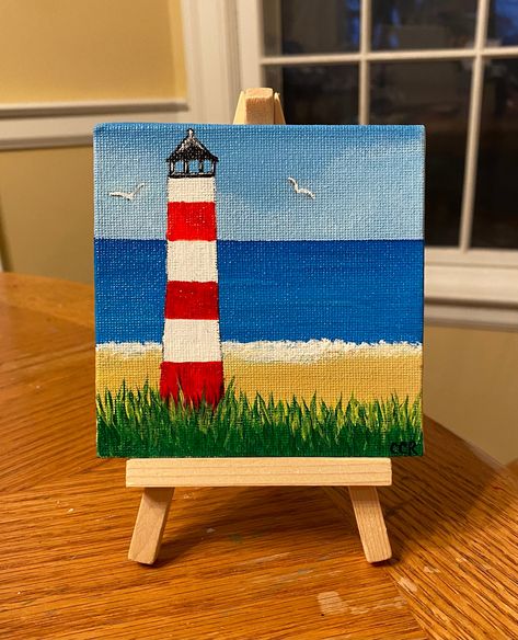 Mini canvas of lighthouse (mini easel included) Stuff To Paint With Watercolor, Painting Canvas Easy Simple, One Canvas Many Paintings, Easy Paintings Beach, Things To Paint Other Than Canvas, Painting Ideas Canvas Acrylic, Small Canvas Ideas Easy, Draw Canvas Ideas, Painted Mini Canvas