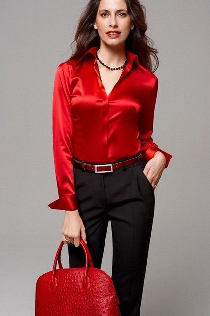 Red Satin Blouse, Classy Attire, Blouse Dress Outfit, Satin Shirts, Silk Shirts, Satin Bluse, Satin Style, Satin Blouses, Satin Blouse