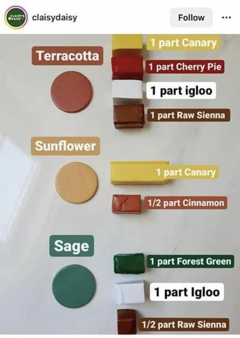 Fimo Clay Colour Recipes, Mustard Yellow Clay Recipe, Mustard Color Polymer Clay Recipe, Terracotta Polymer Clay Recipe, Polymer Clay Mixing Colors, Sculpy Clay Color Mixing, Free Clay Color Recipes, Polymer Clay Colour Recipes, Green Polymer Clay Recipe