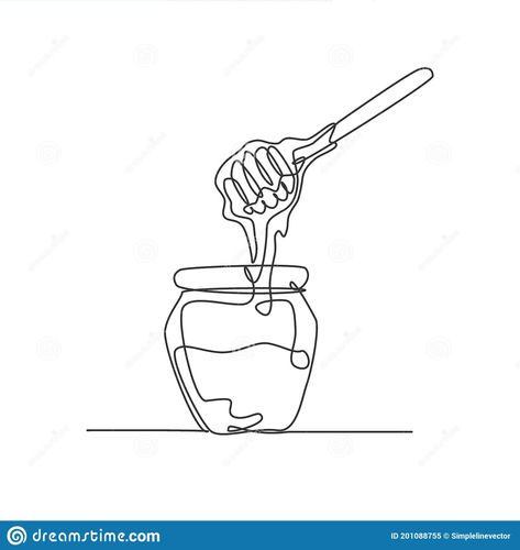 One single line drawing fresh sweet natural gold honey on glass jar with wooden dipper vector graphic illustration. Natural. Illustration about continuous, background - 201088755 Honey And Glass Tattoo, Pot Of Honey Tattoo, Peanut Butter Jar Tattoo, Honey Bottle Tattoo, Honey Dipper Tattoo, Honey Stick Tattoo, Honey Pot Tattoo Simple, Honey Jar Drawing, Small Honey Jar Tattoo