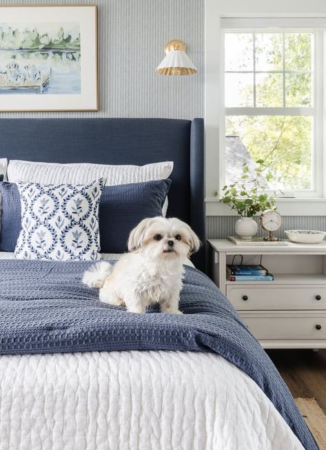 Navy and White Lake House Bedroom - The Lilypad Cottage Lake Cottage Bedroom, Lake House Bedrooms, White And Navy Bedding, White Lake House, Navy And White Bedroom, Ticking Wallpaper, Bedroom Coastal Style, Navy Bed, Lakehouse Bedroom