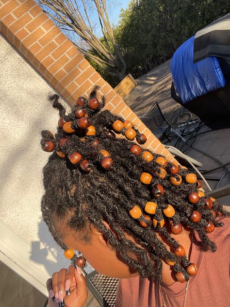 Loc Styles Beads, Beads With Locs, Locs With Wooden Beads, Beads On Starter Locs, Wooden Beads On Locs, Locs With Beads And Shells, Loc With Beads, Locs With Beads Black Women, Beads In Locs