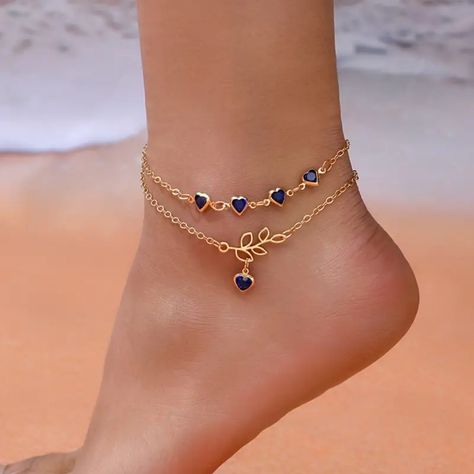 Elegant Double-Layer Love Heart Pendant Ankle Bracelet - Alloy Foot Chain Jewelry With Sparkling Rhinestones - Versatile & Trendy Gift Idea Stile Boho Chic, Ankle Bracelets Diy, Foot Chain, Ankle Jewelry, Stil Boho, Estilo Boho Chic, Ankle Chain, Fancy Jewellery, Styl Boho