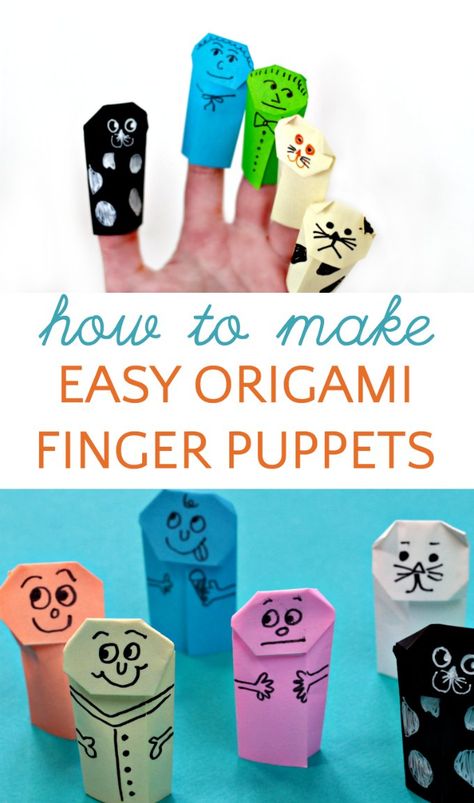 Enhance literacy and pretend play with these easy to make origami finger puppets. Simple instructions use post-it note sized paper. The instructions are so simple, even origami beginners can make them!  via @ Origami Finger Puppets, Easy Origami For Kids, Flair Pens, Puppets For Kids, Origami Ball, Puppets Diy, Kids Origami, Paper Puppets, Puppet Crafts