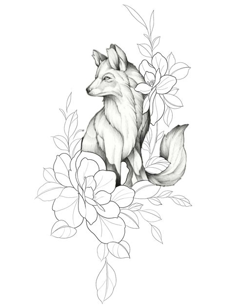 Wolf With Flowers Drawing, Fox With Flowers Drawing, Fox And Flowers Drawing, Sitting Wolf Tattoo, Fox And Cherry Blossom Tattoo, Fox And Flowers Tattoo, Fox With Flowers, Hercules Tattoo, Trash Polka Art