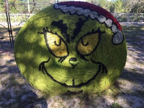 Grinch Hay Bale, Painted Hay Bales Fall, Halloween Hay Bale Ideas, Christmas Hay Bales, Christmas Hay Bale, Hay Bales Decorations, Halloween Hay Bale, Hay Bale Fall Decor, Hay Bale Fall