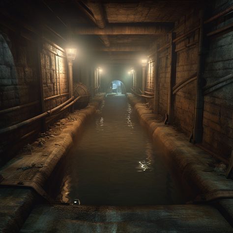 Fantasy Sewers Art, Sewer Fantasy Art, Underground Hideout Concept Art, Fantasy Sewers, Sewers Aesthetic, Sewer Illustration, Sewer Aesthetic, Dnd Sewer, Dungeon Interior