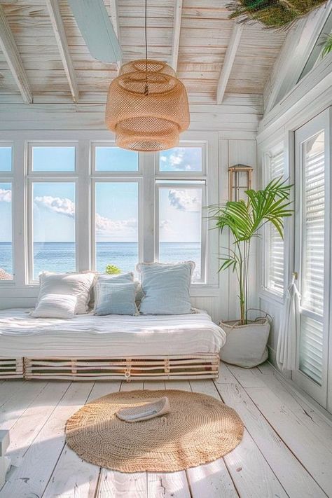 Cozy Beach Apartment, Hawaiian House Aesthetic, Beach Aesthetic Living Rooms, Florida Room Ideas, Coastal Boho Interior, Beach Bungalow Interior, Boho Coastal Decor, Coastal Apartment, Boho Beach House