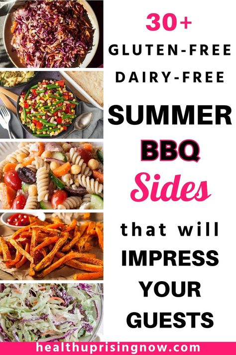 A collage of delicious barbecue side dishes Gluten Free Sides For Burgers, Easy Dairy Free Side Dishes, No Dairy Side Dishes, Summer Dairy Free Recipes, Gf Df Side Dishes, Dairy And Gluten Free Side Dishes, Gf Side Dishes, Paleo Bbq Sides, Dairy Free Bbq Sides