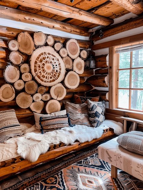 Log Cabin Wall Decor Ideas: DIY Wood Slice Art White Wash Cabin Walls, Simple Log Cabin Interior, Cord Wood Cabin, Cabin Inspired Living Room, Log Cabin Wall Decor, River Cabin Interior, Log Walls Interior, Mountain House Decorating Ideas, Ranch Decorating Ideas