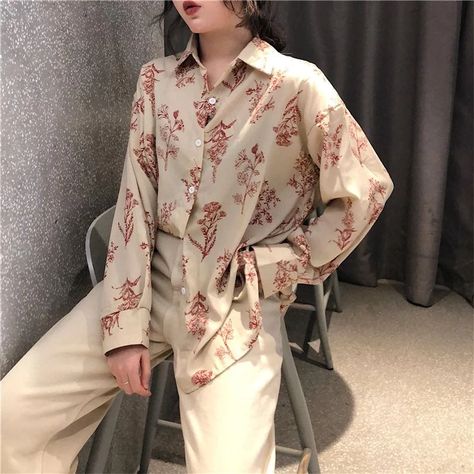 Herbal Illustration, Christmas Dress Women, Spring Fashion Casual, Loose Shirts, Flower Shirt, Loose Blouse, Grunge Style, Chiffon Shirt, Blouse Shirt