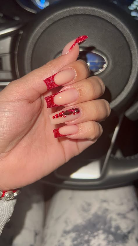 Red French Sparkle Nails, Red Rhinestone Nails Short, Red French Tip Nails Ideas, Red French Tip Nails Square With Gems, Red Nail Prom, Red Nail For Prom, Red Nails For Birthday, Reflective Acrylic Nails, Red Nails Graduation