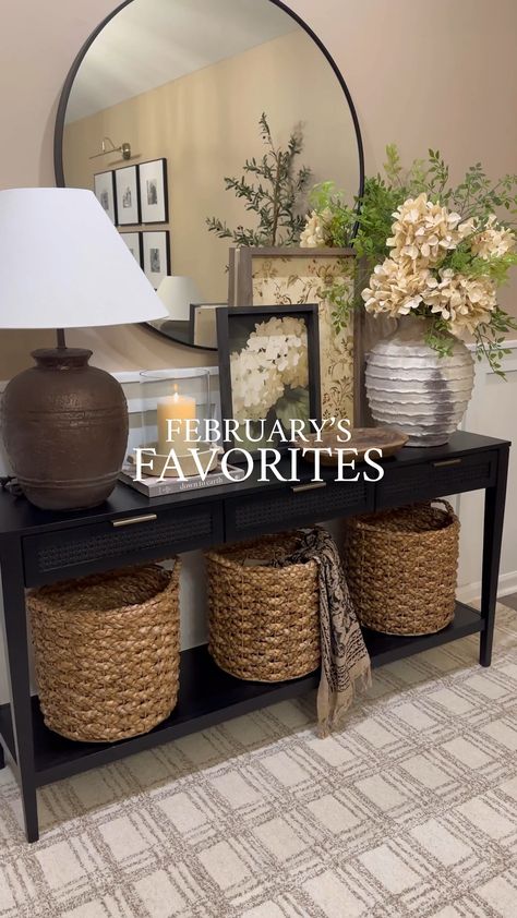 East Bluff Woven Drawer Console … curated on LTK Black Console Decor Ideas, Baskets Under Console, Baskets Under Console Table, Black Entryway Table, Console Table Styling, Moody Decor, Console Styling, Black Console Table, Drawer Console