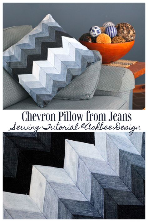 DIY Upcycled Jean Chevron Pillow Free Sewing Pattern | Fabric Art DIY Fabric Art Diy, Denim Quilts, Denim Pillow, Chevron Pillows, Scrap Fabric Crafts, Fabric Sewing Patterns, Pillow Tutorial, Free Sewing Pattern, Denim Quilt