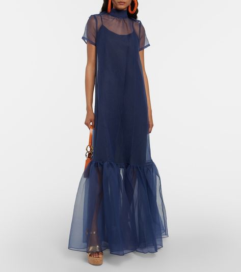 Calluna Organza Gown in Blue - Staud | Mytheresa Floor Length Robe, Organza Gown, Organza Gowns, Long Blue Dress, Tiered Ruffle Skirt, Blue Evening Dresses, Sheer Skirt, Satin Gown, Maxi Dress Evening