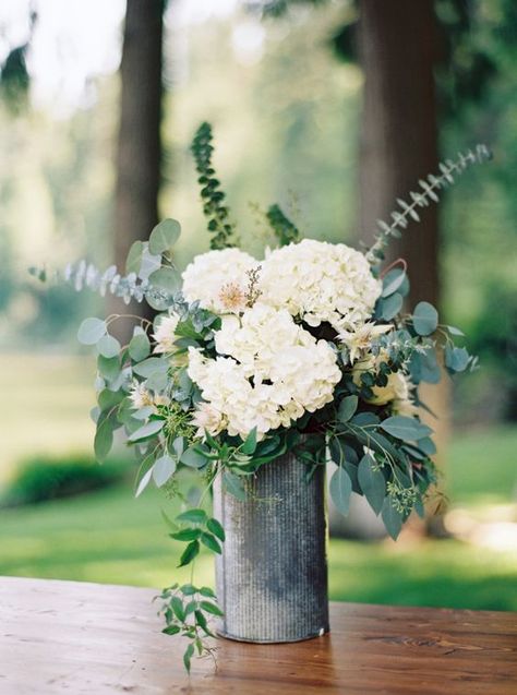 14 Creative Ways to Display Flowers - Life on Kaydeross Creek Eucalyptus Wedding Centerpiece, Hydrangea Centerpiece Wedding, White Hydrangea Wedding, Eucalyptus Wedding Decor, Greenery Centerpiece, Hydrangea Centerpiece, Hydrangeas Wedding, Montana Wedding, Spring Wedding Flowers