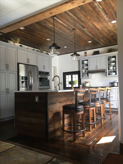 Stained Wood Ceiling Kitchen, Wood Vaulted Ceiling Kitchen, Wood Ceiling With Wood Floors, Wood Ceiling Kitchen Ideas, Dark Wood Ceiling Kitchen, Cedar Ceiling Kitchen, Pebble Grey Kitchen, Kitchen Wood Ceiling, Kitchen With Wood Ceiling