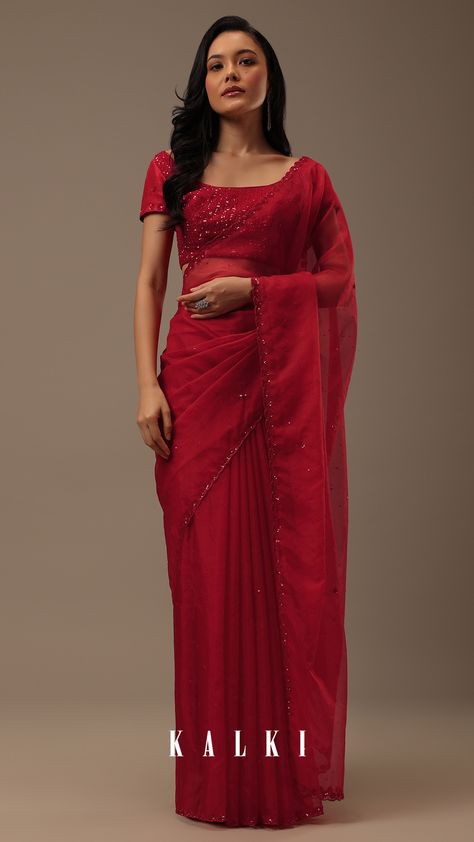 "Introducing our stunning cherry red organza fabricated saree, a testament to refined beauty and exquisite craftsmanship. This saree's border is embellished with intricate sequins and cutdana detailing. EVENT - Party wear and festive occasions. The saree comes with a matching unstitched blouse." Red Organza Saree, Farewell Sarees, Pleated Saree, Party Wear Saree, Ethnic Sarees, Embroidery Saree, Red Saree, Stylish Dress Book, Wear Saree