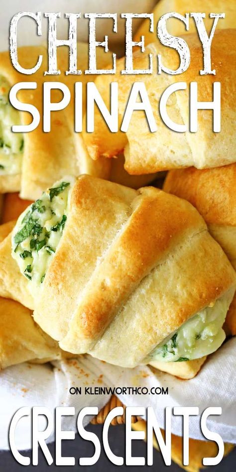 Cheesy Spinach Crescents Appetizers With Crescent Roll Dough, Spinach Appetizers, Croissant Recipes, Crescent Roll Recipes Dinner, Crescent Roll Appetizers, Cream Cheese Spinach, Pillsbury Biscuits, Cheesy Spinach, Crescent Recipes