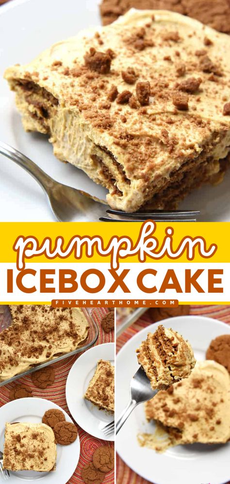 Look forward to this sweet pumpkin recipe! Made with cream cheese, whipped cream, and gingersnap cookies, this Pumpkin Icebox Cake is delicious. Save this easy fall recipe and enjoy this simple dessert! Gingersnap Pumpkin Dessert, Dessert With Ginger Snaps, Pumpkin Dessert With Ginger Snap Crust, Ginger Snap Dessert Recipes, Pumpkin Gingersnap Dessert, Ginger Snap Desserts, Pumpkin Icebox Cake, Roasted Pumpkin Recipes, Sweet Pumpkin Recipes