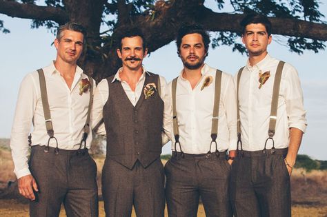 groomsmen with suspenders Hipster Groom, Groomsmen Suspenders, Wedding Groomsmen Attire, Hipster Wedding, Suspenders Wedding, Groomsmen Outfits, Wedding Party Outfits, Groom And Groomsmen Attire, Wedding Groomsmen