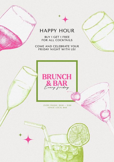 Happy Hour Graphic, Happy Hours Poster, Marketing Poster Ideas, Happy Hour Poster Design, Happy Hour Aesthetic, Happy Hour Poster, Brunch Bar, Graphic Design Style, Cocktail Poster