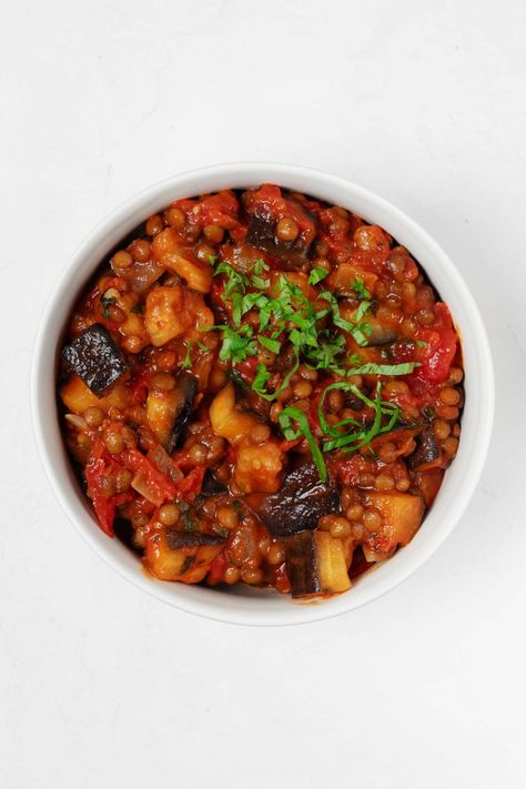 These easy vegan stewed eggplant tomato lentils are saucy, savory, and super versatile. You can dip warm wedges of pita into them, serve them over pasta or a grain, or use them as a bruschetta topping. This is a great starter recipe for those who enjoy eggplant, but aren't accustomed to cooking it. Eggplant And Lentils Recipe, Stewed Eggplant, Vegetable Tikka Masala, Vegan Eggplant Recipes, Tomato Lentils, Lentils Vegan, Slow Cooker Black Beans, Eggplant Curry, Vegan Tzatziki