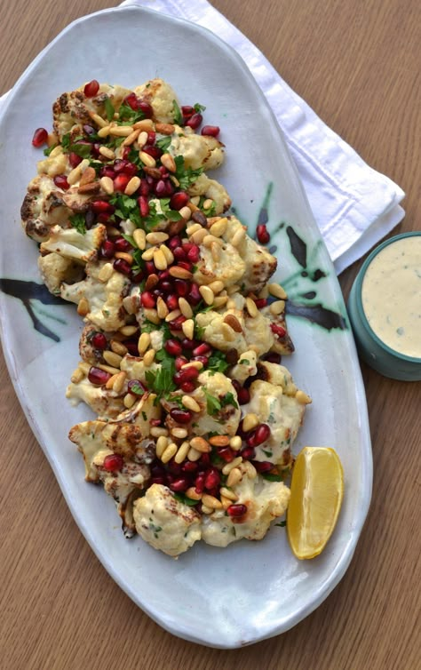 Roasted Cauliflower with Tahini Lemon Sauce | Every Last Bite Baked Cauliflower With Tahini Sauce, Roasted Cauliflower With Tahini, Crunchy Cauliflower, Cauliflower With Tahini, Specific Carbohydrate Diet, Healthy Delicious Recipes, Toasted Pine Nuts, Lemon Sauce, Lebanese Recipes