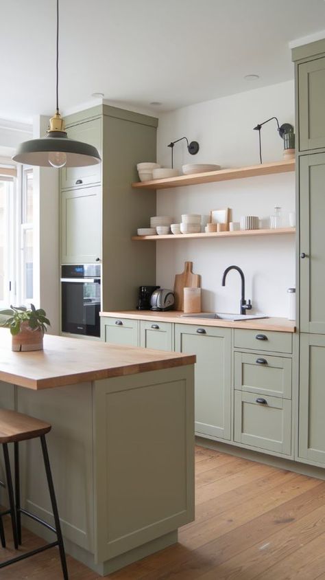 Top 10 Gorgeous Green Kitchen Cabinet Paints: Trendy Shades from Leading Brands - Kitchen Genius Green Kitchen Cabinet, Diy Farmhouse Kitchen Decor, Trendy Kitchen Design, Kitchen Remodel Plans, Green Kitchen Designs, Trendy Shades, Green Kitchen Cabinets, Dream Kitchens Design, Cottage Kitchens