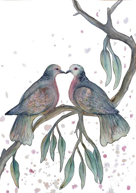 Two Turtle Doves (Watercolour on Paper) by Leni Kae 2 Turtle Doves 12 Days, Two Turtle Doves Illustration, Turtle Dove Illustration, Turtle Dove Drawing, Turtle Doves Christmas, Dove Artwork, 2 Turtle Doves, Second Day Of Christmas, Junk Kouture