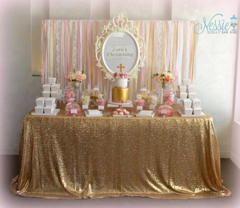 Gold and Dusty Pink Classic Girls Candy Buffet Raven Wedding, Gold Candy Buffet, Candy Buffet Baby Shower, Gold Baby Shower Decorations, Pink Gold Party, Baby Shower Table Decorations, Buffet Ideas, Gold Candy, Diy Baby Shower Decorations