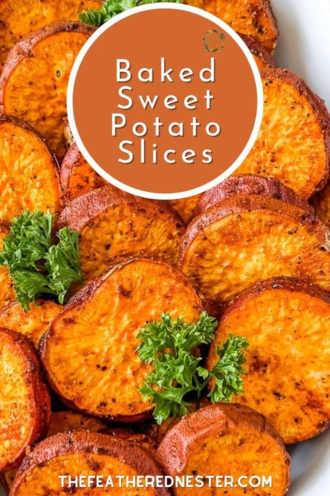 Baked Sweet Potato Slices are the perfect side dish for your holiday meal or an after-school snack. Baked sliced sweet potatoes are thinly sliced and baked until they are golden brown and tender. Baked Sweet Potato Slices, Sweet Potato Rounds, Sweet Potato Oven, Sweet Potato Side Dish, Sweet Potato Sides, Sweet Potato Recipes Healthy, Sweet Potato Thanksgiving, Potato Slices, Sweet Potato Slices