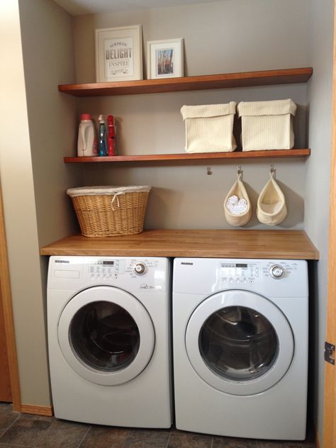 Laundry room floating shelves made from oak doors (stained and varnished) and ikea AKERBY oak counter top placed on-top of washer and dryer Laundry Room Shelving Ideas, Room Shelving Ideas, Laundry Room Shelving, Closet Upgrade, Laundry Room Storage Shelves, Laundry Room Ideas Small Space, Floating Shelves Bedroom, Tiny Laundry Rooms, Room Storage Diy